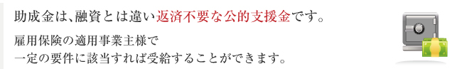 助成金は、融資とは違い返済不要な公的支援金です。雇用保険の適用事業主様で一定の要件に該当すれば受給することができます。